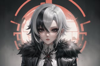 1 girl, black_eyes, coat, piercing_ears, fur coat, clipped feet, gloves, hair_between_eyes, high resolution, multicolored_hair, red_pupils, short_hair, side bangs, solo, highlighted_hair, two_tone_hair, white_gloves, white_hair, x-shaped_pupils, black_hair, blurred , brooch, cloak, dark_background, depth_of_field, fur-trimmed coat, fur trim, hair_between_eyes, high-res, jewelry, looking_at_viewer, multicolored_hair, portrait, red_eyes, shorthair, solo, streaked_hair, symbol_pupils, two-tone_hair, white_coat, white_hair, x-shaped_pupils,arlecchino(genshin impact)