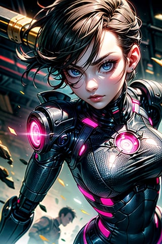 a highly specialized and lethal cyborg in combat, a woman with a slim and athletic build, she has short, dark hair, usually combed back or in a pixie cut, her skin is pale and her face has fine and expressive features. wearing a tight black or dark blue suit that highlights his athletic figure and gives him freedom of movement in combat. He wears a pair of black gloves that allow him to interact with advanced technology and weaponry. in a dynamic position and ready to confront their adversaries, include elements such as futuristic weapons, cybernetic technology or visual effects, masterpiece, best quality, realistic, ultra high resolution, depth of field, (detailed background), (masterpiece), (ultra detailed), (best quality), complex and complete film photography, magical, (gradients), colorful and detailed landscape, visual key, detailed face, detailed eyes.