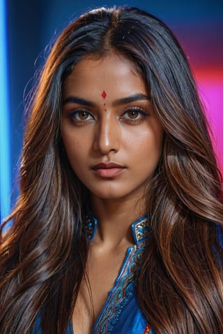 A confident-looking indian with long flowing hair, looking at viewer,hazel eyes, cyber background blue and red light,  perfect composition, hyperrealistic, super detailed, 8k, high quality, trending art, trending on artstation, sharp focus, studio photo, intricate details, highly detailed,