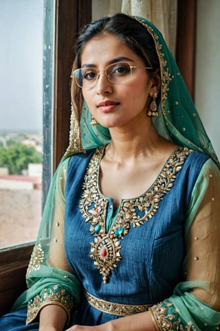 (Best quality, Ultra detailed, Golden ratio, Masterpiece:1.2), Theatrical lighting:0.7, Photo of a woman, dressed in a very elegant and pretty pakistani dress, Perfect face, (Highly detailed skin), randomly dyed hair, Hide your mouth with your hands、Ridicule, skin texture, Pale skin, shiny skin, (thin, large size:1.2), [:(Sharp focus on face, perfect eyes:1.2):0.2], photorealistic, film grain, Put one foot forward、from below looking up、look at camera、Focus on face、pakistan dress、glasses、Smile with corners of mouth raised、disdainful expression, summer haze, muted colors, muted warm colors, Photo cinematic portrait of a woman dressed in a pakistani dress sitting by the window in the early morning, cinematic, (tilted:1.3) look cautious, standing under a spotlight, volumetric dust clouds, key light, backlight, soft natural lighting, photography Film grain ISO 400 30 mm lens RAW f1.8 aperture, highly detailed (analog photography:1), colors hdr , blue jeans pants ,