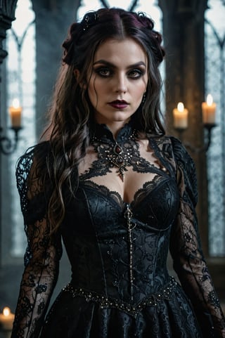 A beautiful, dark witch, detailed portrait, intricate face, piercing eyes, full body, black lace dress, dramatic lighting, moody atmosphere, gothic fantasy, cinematic, hyper-realistic, highly detailed, 8k, masterpiece