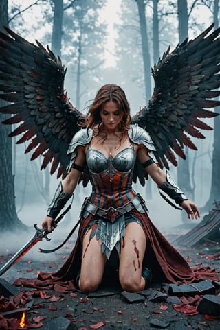 a broken wings angel (broken wings 1.5)bloody wings (bloody1.2)kneel down, ethereal, fog surrounded, broken armor(accurate 1.2), broken sword, dark dimension, photo cinematic, motion blur, 8k, superdetailed