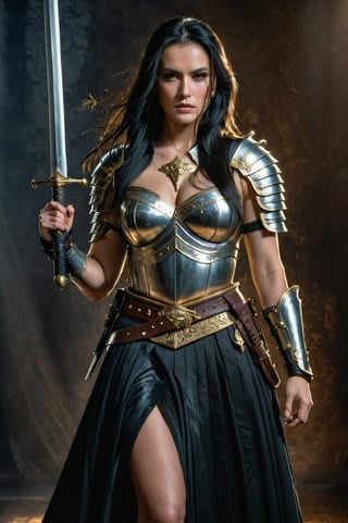 a beautiful woman warrior, long black hair, intense gaze, wearing a black folded skirt, holding a sword, detailed gold belt, intricate armor, dramatic lighting, cinematic composition, hyper realistic, highly detailed, masterpiece, photorealistic, dramatic colors, chiaroscuro lighting, painterly style