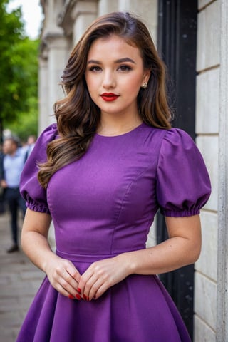a beautiful 27s young girl, wearing purple fit and flare dress, puffed sleeve, red lips, brunette hair, very beautiful, real