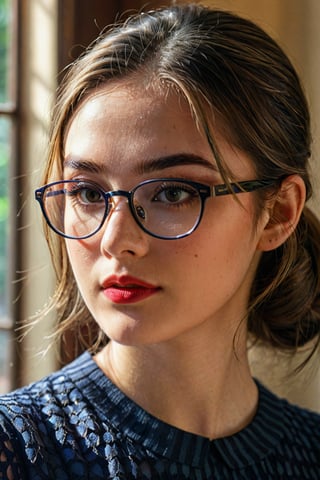 (best quality, masterpiece), 1girl, dappled sunlight, indoors, glasses, shy, 1 girl, young girl, (goosebumps:0.7), beautiful face, (eyeliner, lipstick:0.9), 4k, 8k, uhd, hdr, detailed background, background