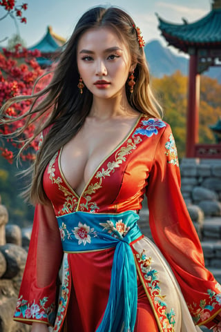 a beautiful sexy russian girl wearing a traditional chinese dress, full body, detailed face and eyes, full lips, flowing hair, seductive expression, dramatic lighting, fantasy landscape background, cinematic composition, vibrant colors, photorealistic, 8k, best quality