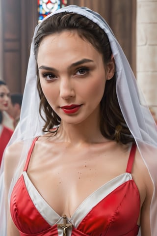 Gal Gadot wears nun uniform in the church, bright red lips, lustrous eyes, Big Breast, Perfect boobs, Cleavage, Sultra Detailed Face, Model figure, Full body angle, High quality, Very Detailed, 8k, euphoric style, Aesthetic Portrait, Masterpiece, Photo, Extremely Realistice