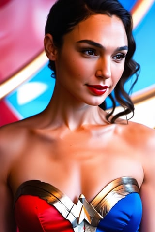 Gal Gadot, Wonder Woman, long hair, bright red lips, perfect fingers, lustrous eyes, big breast, cleavage, perfect boobs, perfect butt, ultra detailed face, model figure, full body portrait, high quality, very detailed, 8k ultra HD, awake euphoric style, aesthetic portrait, masterpiece, extremely realistic ,aw0k euphoric style