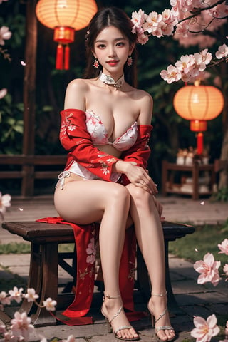 girl, kpop idol, bare shoulders, long hair, best quality, (hair ornament:1.35), jewelry, earrings, cherry blossoms, lantern light, depth of field, detailed face, face focus, ribbon_trim, (looking at viewer:1.25), shiny skin, long sleeves, big smile , thick lips, hands on lips, (blurry background:1.2), sitting, Chinese style,perfect, front_view,  ((full body shots:1.38)), Chinese bikini qipao, (Happy New Year )