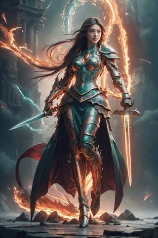 (detailed beautiful eyes and detailed face, masterpiece side light, masterpiece, best quality, detailed, high resolution illustration), A gorgeous battle maiden, long black hair, emerald green eyes, bewitching smile, full body, heavy armor, divine armor, majestic and intricate armor, glows with an ethereal light, a majestic sword, attacking pose, hourglass bodyshape, (upper body), front_view, mech4rmor, , ((full body shots:1.38)) ,1 girl, (Oriental Dragon), on a red cloud background, fire, lightning,