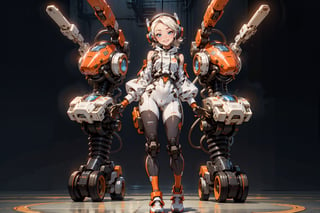  1 girl , Pilot , cute girl, pretty eyes, cheeky face , short orange and white hair , robotic headset , appendages in matching pairs , proper robot Sneakers , proper robot hands , naughty grin , Sci-fi, ultra high res, futuristic , {(little robot)}, {(solo)}, full body , {(complex, Machine background ,Macha outdoors background, Mecha Transport parts)}