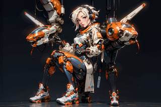  1 girl , Pilot , cute girl, pretty eyes, cheeky face , short orange and white hair , robotic headset , appendages in matching pairs , proper robot Sneakers , proper robot hands , naughty grin , Sci-fi, ultra high res, futuristic , {(little robot)}, {(solo)}, full body , {(complex, Machine background ,Macha outdoors background, Mecha Transport parts)}