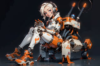  1 girl , Pilot , cute girl, pretty eyes, cheeky face , short orange and white hair , robotic headset , appendages in matching pairs , proper robot Sneakers , proper robot hands , naughty grin , Sci-fi, ultra high res, futuristic , {(little robot)}, {(solo)}, full body , {(complex, Machine background ,Macha outdoors background, Mecha Transport parts)}