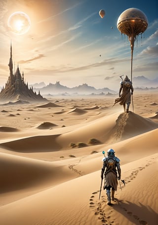 Surrealist art, a lone warrior with magical staff walking in apocalyptic sand dunes, spaceship flying in the far background,more detail XL