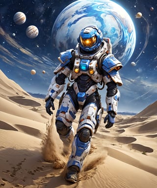 anime art style, solo space traveler wearing mecha spacesuit, walking in  unreal swirling sand dunes, windy night, more detail XL, epic blue moonlight, outer planets collapsing, fisheye lens,