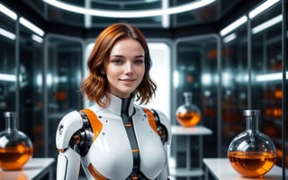 Generating ultra-realistic images of female robots. spcrft, smiling, brown hair, (transparent part), chrometech,((orange and white metal set)), ((glass elements)),Standing in the biological laboratory of the spaceship,the lab is a circle room,There are many alien contained in glass bottles, futuristic minimalist interior design,