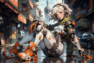  1 girl , Pilot , cute girl, pretty eyes, cheeky face , short orange and white hair , robotic headset , appendages in matching pairs , proper robot Sneakers , proper robot hands , naughty grin , Sci-fi, ultra high res, futuristic , {(little robot)}, {(solo)}, full body , {(complex, Machine background ,Macha outdoors background, Mecha Transport parts)}