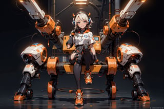  1 girl , Pilot , cute girl, pretty eyes, cheeky face , short orange and white hair , robotic headset , appendages in matching pairs , proper robot Sneakers , proper robot hands , naughty grin , Sci-fi, ultra high res, futuristic , {(little robot)}, {(solo)}, full body , {(complex, Machine background ,Macha outdoors background, Mecha Transport parts)}