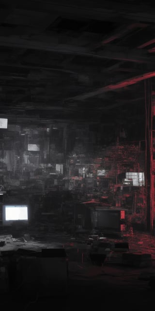 create an image depicts a scene that appears to be sci-fi movie, showing a character amidst an array of electronic equipment and machinery. The environment is cluttered with cables and screens displaying unreadable data. The image has a dark, chaotic, and somewhat eerie atmosphere due to the disarray of the equipment and the lighting,yk_cyborgs