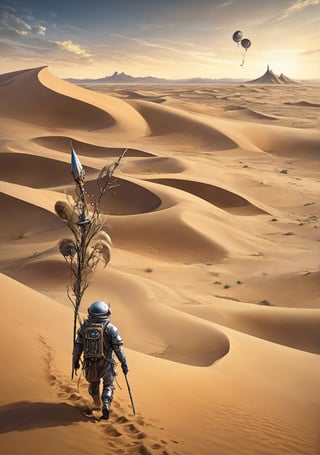 Surrealist art, a lone warrior with magical staff walking in apocalyptic sand dunes, spaceship flying in the far background,more detail XL