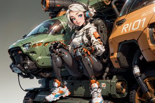  1 girl , Pilot , cute girl, pretty eyes, cheeky face , short orange and white hair , robotic headset , appendages in matching pairs , proper robot Sneakers , proper robot hands , naughty grin , Sci-fi, ultra high res, futuristic , {(little robot)}, {(solo)}, full body , {(complex, Machine background ,Macha outdoors background, Mecha Transport parts)}