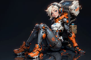  1 girl , Pilot , cute girl, pretty eyes, cheeky face , short orange and white hair , robotic headset , appendages in matching pairs , proper robot Sneakers , proper robot hands , naughty grin , Sci-fi, ultra high res, futuristic , {(little robot)}, {(solo)}, full body , {(complex, Machine background ,Macha outdoors background, Mecha Transport parts)}