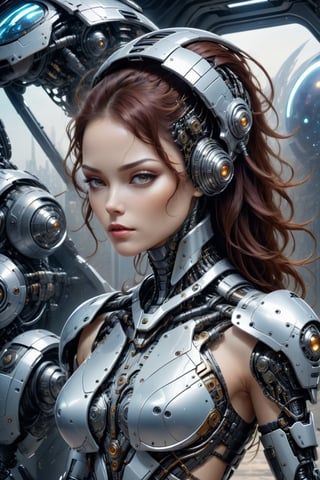 sexy girl, futuristic armor, portrait, robot, machinery, science fiction, mecha,((space ship background:1.4)), masterpiece, best quality, aesthetic, realistic, raw photo,Comic Book-Style 2d,Glass Elements,cyborg style