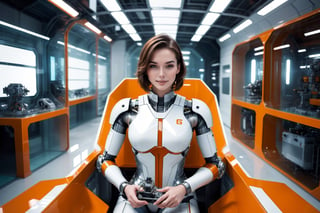 Generating ultra-realistic images of female robots. spcrft, smiling, brown hair, (transparent part), chrometech, ((panoramic top view: 1.5)), ((orange and white metal set)), ((glass elements)), sitting in the mechanical repair room of the spaceship, A hand holding a futuristic power tool, futuristic minimalist interior design,