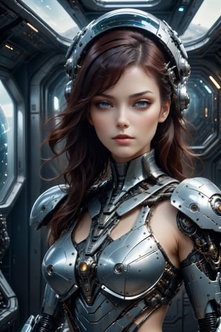 sexy girl, futuristic armor, portrait, robot, machinery, science fiction, mecha,((space ship background:1.4)), masterpiece, best quality, aesthetic, realistic, raw photo,Comic Book-Style 2d,Glass Elements