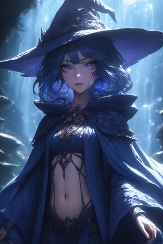 cute girl, azure blue background, blue clothes, fantasy clothes, cute face, big wide violet eyes, witch hat, cinematic lighting, ambient lighting, fantasy world, detailed body figure, cute witch lady, water fall background, navel, indigo robes, standing in a lake, water splashes, close up