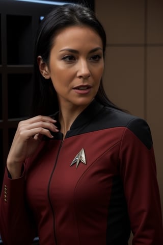 1 girl, a beautiful 50-year-old woman, dinamic facial expression, shoulder lenght long black  hair, strong legs, full body,  star Trek uniform with Starfleet badge, masterpiece, best quality, ultra realistic, focus, RAW photo, intricate detailed, high detail, photorealistic, realism, small tits, perfect hands, perfect fingers, ,photorealistic,Nat,Ona_ep4