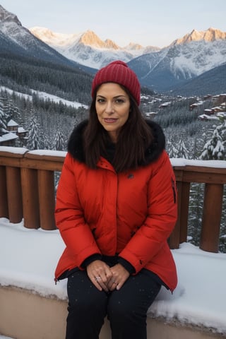 1 girl, 4k, Hq, best quality, cyberpunk, nightcity, woman with desirable facial expression, 45 years old woman, older woman, sligtly thick body, strong legs, shoulder length hair, wearing winter trekking clothes, open red winter jacket, red wool cap, mountain hotel, sitting on the hotel terrace, snowing, winter background,shodanSS_soul3142,perfecteyes,1girl,Natpr2e4,Nat,Ona_ep4,Ona