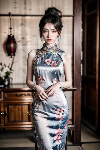 beautiful 18 year old japanse girl, Best quality, masterpiece, ultra high res, (photorealistic:1.4), raw photo, glowing skin, full body,  ,ear_rings, slim, ponytail, Detailedface, large breasts, chinese New Year background,QIPAO,look at camera,perfect