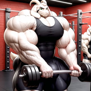 (Cel animation, 2d, flatcolor), masterpiece, face closeup, detailed Green eyes, Big eyes, male, anthro, (asriel, goat, white fur, goat horns, small head), (huge body, bodybuilder, extremely huge muscles, thick arms:1.4), (huge pecs, wide shoulders:1.4), (huge biceps, huge forearms:1.4), (black tanktop, black shorts, huge bulge:1.2), (frown, annoyed, lifting weights, bicep curl, holding huge dumbbell:1.2), (profile view), (mirror background, detailed background:1.1)