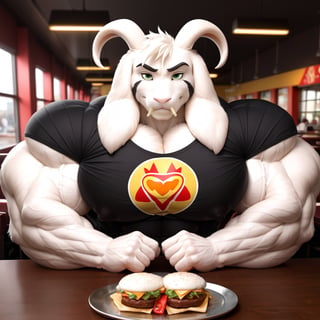 (Cel animation, 2d, flatcolor), masterpiece, face closeup, detailed Green eyes, Big eyes, male, anthro, (asriel, goat, white fur, goat horns, small head), (huge body, bodybuilder, extremely huge muscles, muscle growth, thick arms:1.4), (huge pecs, huge biceps, huge forearms:1.3), (black t-shirt:1.2), (bored, annoyed, frown, eating, lookin to the sides, sitting behind table:1.2), (across table pov:1.2), (tray full of food, fast food restaurant background, detailed background:1.1)