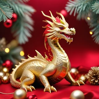 A Christmas-themed golden dragon near the egyptian pyramids. Oriental style, the dragon has shiny scales and a red mane, it is surrounded by Christmas decorations such as lights and stars.,Enhance,<lora:659095807385103906:1.0>