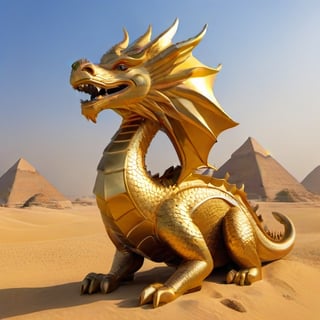 A Christmas-themed golden dragon near the Pyramids of Egypt. Pharaonic style.,<lora:659095807385103906:1.0>