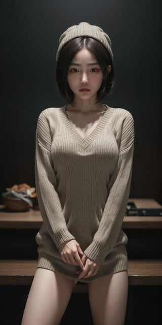 stunning and beautiful Japanese girl, below view, messy curly short hair, 
sweater, sweater hat, supporting head on hands
insanelly detailled, 8k resolution, hyperrealism photo, concept art of detailed character design, cinema concept, cinematic lighting, 
stylish, elegant, breathtaking, mysterious, fascinating, curiously complete face, elegant, gorgeous, 8k, cinematic look, calming tones, incredible details, intricate details, hyper detailed, low contrast, soft cinematic lights, Superia 400, warm tones, 
Movie Still,more detail XL, in the style of esao andrews,esao andrews style,esao andrews art,xxmixgirl,Hot 