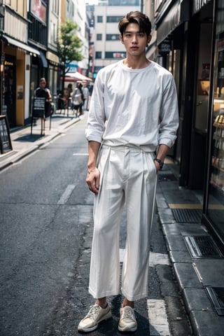 best quality, ultra high res, (photorealistic:1.4),raw photo, Fujifilm XT3,(1 men:1.6), handsome, (full body:1.5), Model height, Medium-length hairstyle, hair between eyes, watches, 
((white shirt)), ((pleated wide-fit pants)), looking at viewer, shops, Vibrant Harajuku district with youthful fashion, Low Angle of view

