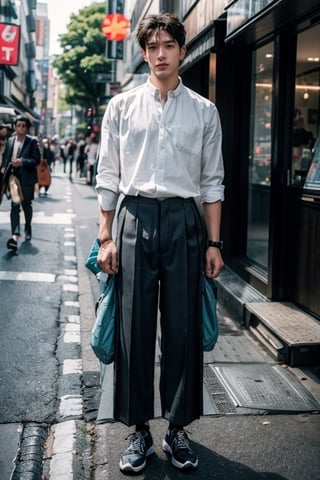 best quality, ultra high res, (photorealistic:1.4),raw photo, Fujifilm XT3,(1 men:1.6), handsome, (full body:1.5), Model height, Medium-length hairstyle, hair between eyes, watches, 
((white shirt)), ((pleated wide-fit pants)), looking at viewer, shops, Vibrant Harajuku district with youthful fashion, Low Angle of view

