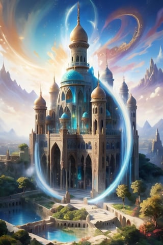 Build a mosque, Great castle, art photography, impressionism, an airbrush painting, masterpiece 8k wallpapper, visionary art style, depth of field, 64 megapixels, detailed painting, splash art, atmospheric dreamscape painting, intricate ornate anime cgi style focus, an oil painting