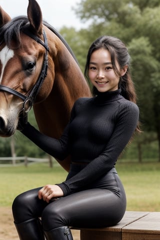 beautiful cute girl, ovel clear face, small eyes, sitting on horse, full body, black tight wear