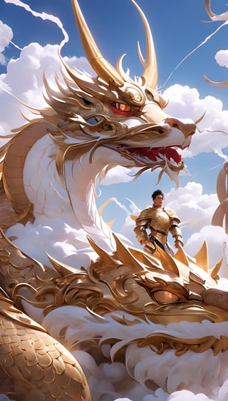 short black hair, thick eyebrows, soft, a golden dragon, mythology, medieval, fantasy, young, Asian men, masculine, manly, dark fantasy, high fantasy, gold armor, defined jawline, red eyes, handsome male, facing in front, photorealistic, 8k, cinematic lighting, very dramatic, soft aesthetic, innocent, ((A man wearing golden metal plate armor walks on a golden dragon against a background surrounded by clouds)), (Lightning twines around),