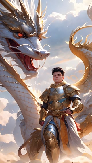 short black hair, thick eyebrows, soft, a golden dragon, mythology, medieval, fantasy, young, Asian men, masculine, manly, dark fantasy, high fantasy, gold armor, defined jawline, red eyes, handsome male, facing in front, photorealistic, 8k, cinematic lighting, very dramatic, soft aesthetic, innocent, ((A man wearing golden metal plate armor walks on a golden dragon against a background surrounded by clouds)), (Lightning twines around),