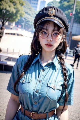 (((masterpiece))),(((long eyelashes and eyeliner))),(((beautiful))),(((ultra realistic)))





1girl,long hair,breasts,looking at viewer,blue eyes,brown hair,shirt,hat,white shirt,braid,outdoors,parted lips,solo focus,collared shirt,belt,blurry,huge breasts,uniform,twin braids,lips,blurry background,sunglasses,pocket,pouch,realistic,round eyewear,breast pocket,tinted eyewear,badge,police,police uniform,impossible shirt,policewoman,looking over eyewear,aviator sunglasses