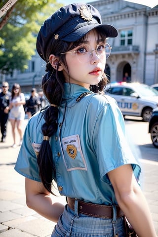(((masterpiece))),(((long eyelashes and eyeliner))),(((beautiful))),(((ultra realistic)))





1girl,long hair,breasts,looking at viewer,blue eyes,brown hair,shirt,hat,white shirt,braid,outdoors,parted lips,solo focus,collared shirt,belt,blurry,huge breasts,uniform,twin braids,lips,blurry background,sunglasses,pocket,pouch,realistic,round eyewear,breast pocket,tinted eyewear,badge,police,police uniform,impossible shirt,policewoman,looking over eyewear,aviator sunglasses