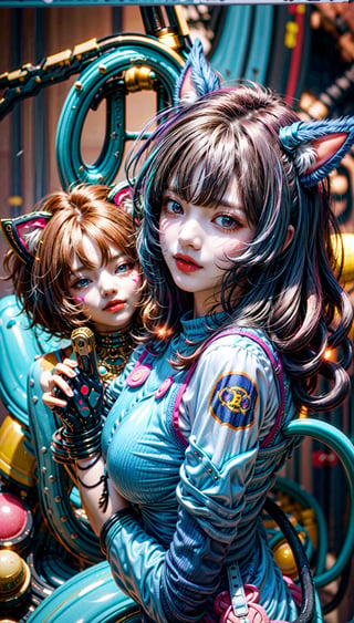 Beautiful women with cat like ears wearing a suit (bodysuit) that is a tight fit. medium breasts, slime thicc, multicolor eyes,, multicolor hair, 2 girls, perfect image unfolds with 8k resolution,mecha,midjourney