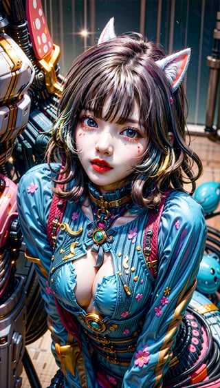 Beautiful women with cat like ears wearing a suit (bodysuit) that is a tight fit. medium breasts, slime thicc, multicolor eyes,, multicolor hair, 2 girls, perfect image unfolds with 8k resolution,mecha,midjourney