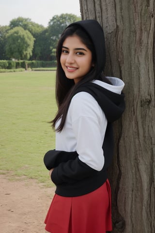 16 years old, Instagram model, beautiful young women,  beautiful Indian cute girl, Katrina Kaif, Sara Ali Khan, indian, Attractive girl, she is expressing happiness, infp young woman, smiling young woman, she is smiling and excited, a beautiful young woman,beautiful young indian woman, 4K full HD image,lovely, stylish,Hot Stills, Falling in love, looking at someone lovingly, first love, first side love, solo, long hair, looking at viewer, skirt, black hair, outdoors, day, hood, tree, hoodie, red skirt, realistic, hands in pockets, photo background