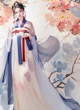 1 (slim:1.4) traditional beauty, elegant, charming, wearing (hanfu), (breast-high ru skirt:1.2), warm color dressing style, sheer, look through, black hair, delicate accessory, (solo:1.5), masterpieces, best quality, high resolution, bright scene, soft color, low contrast, (ink painting floral background:1.7), (blurred background, Chinese background:1.2), ru skirt, (less exposed:1.2)